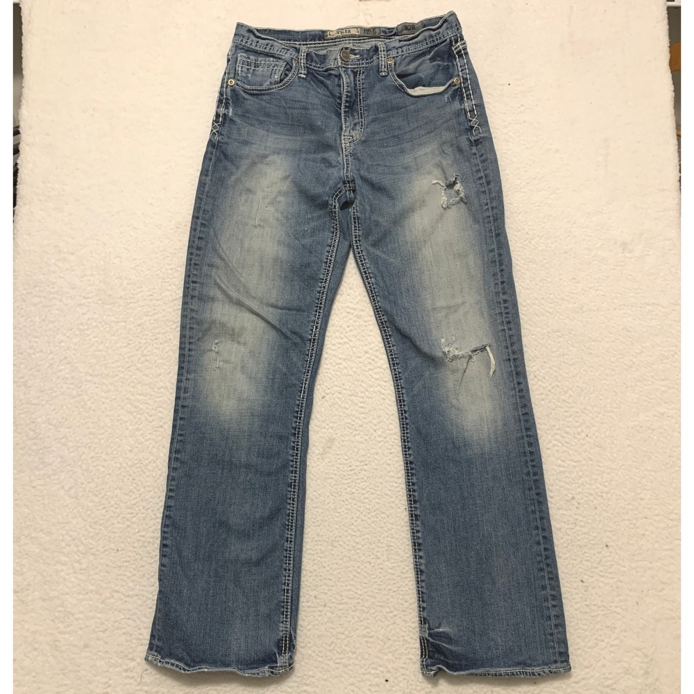 BKE Tyler Straight Leg Jeans Mens 32R (32x32) Distressed Embroidered Denim HOLES